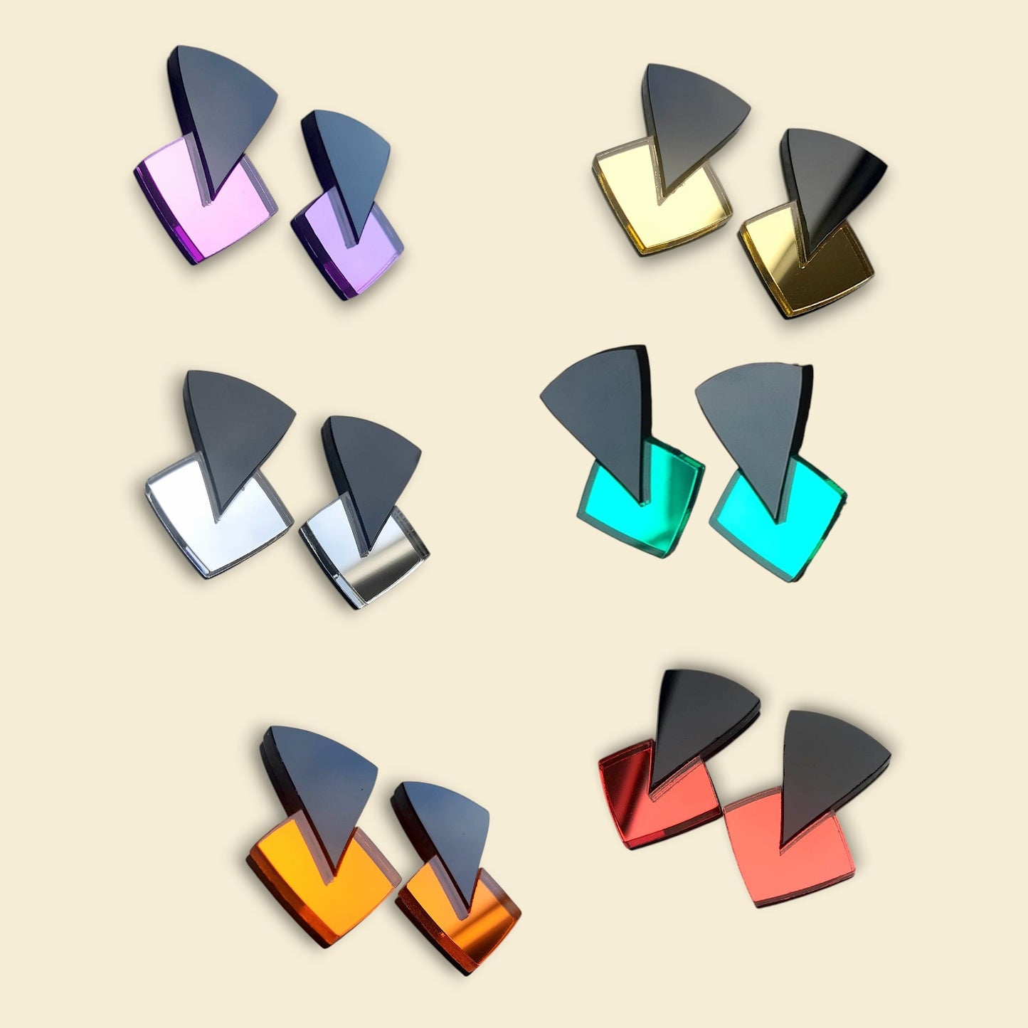 pendientes de colores , pendientes ,pendientes de espejo, pendientes acrílicos , joyas contemporáneas pendientes originales, pendientes fabricados en españa