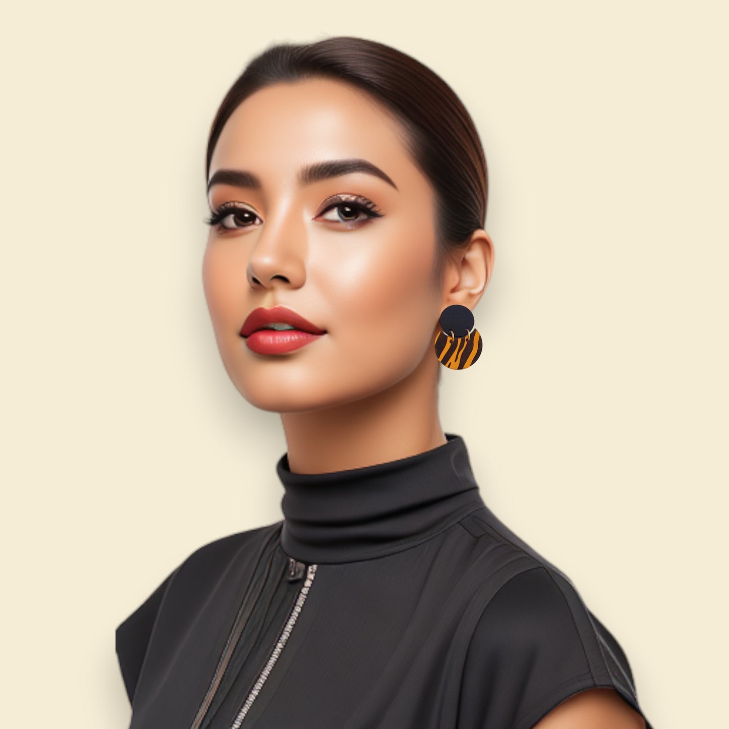 mujer morena con el pelo recogido mostrando pendientes con estampado animal en negro y dorado