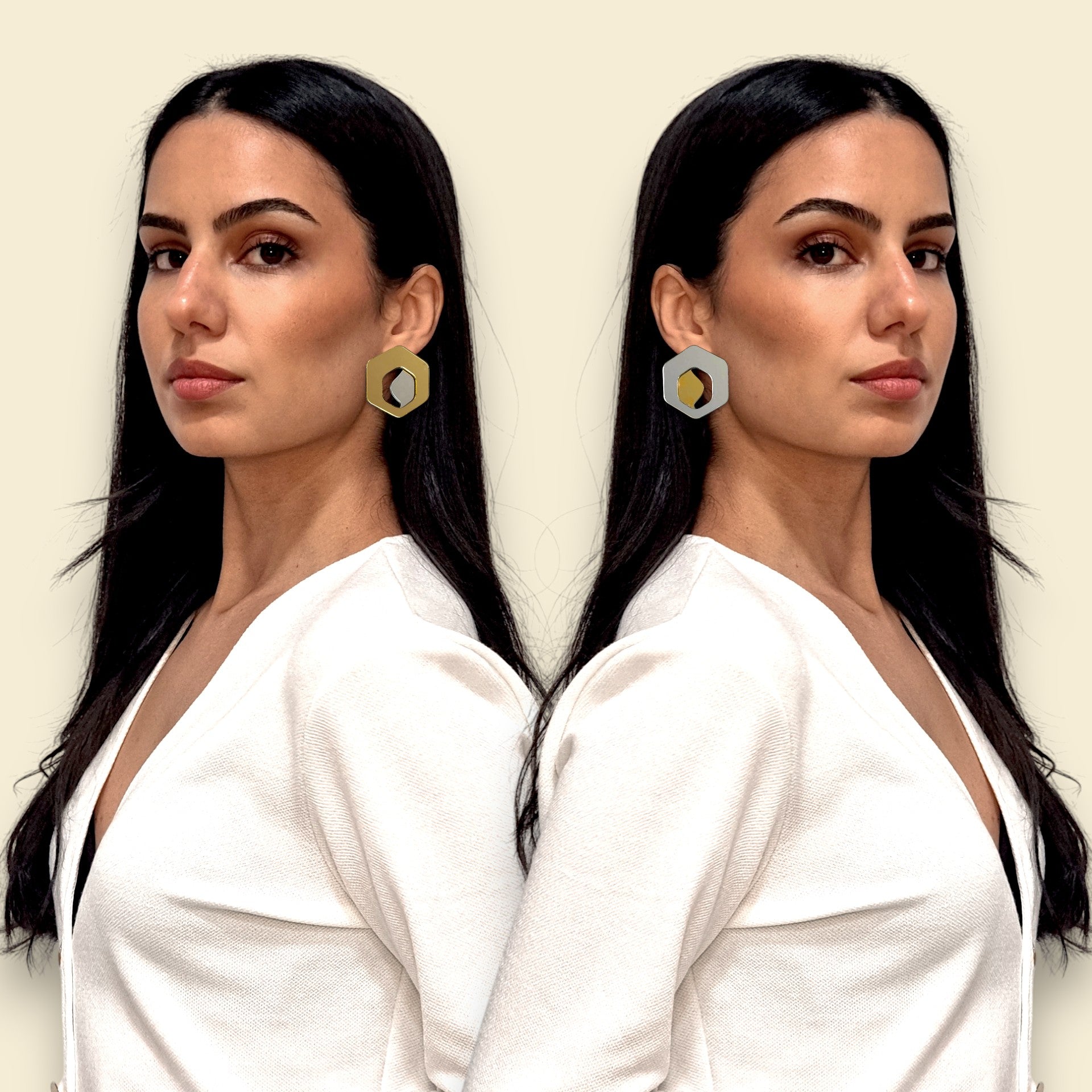 pendientes asimetricos , pendintes geometricos, pedientes en oro y plata , pendientes dorados , pendientes exagonales